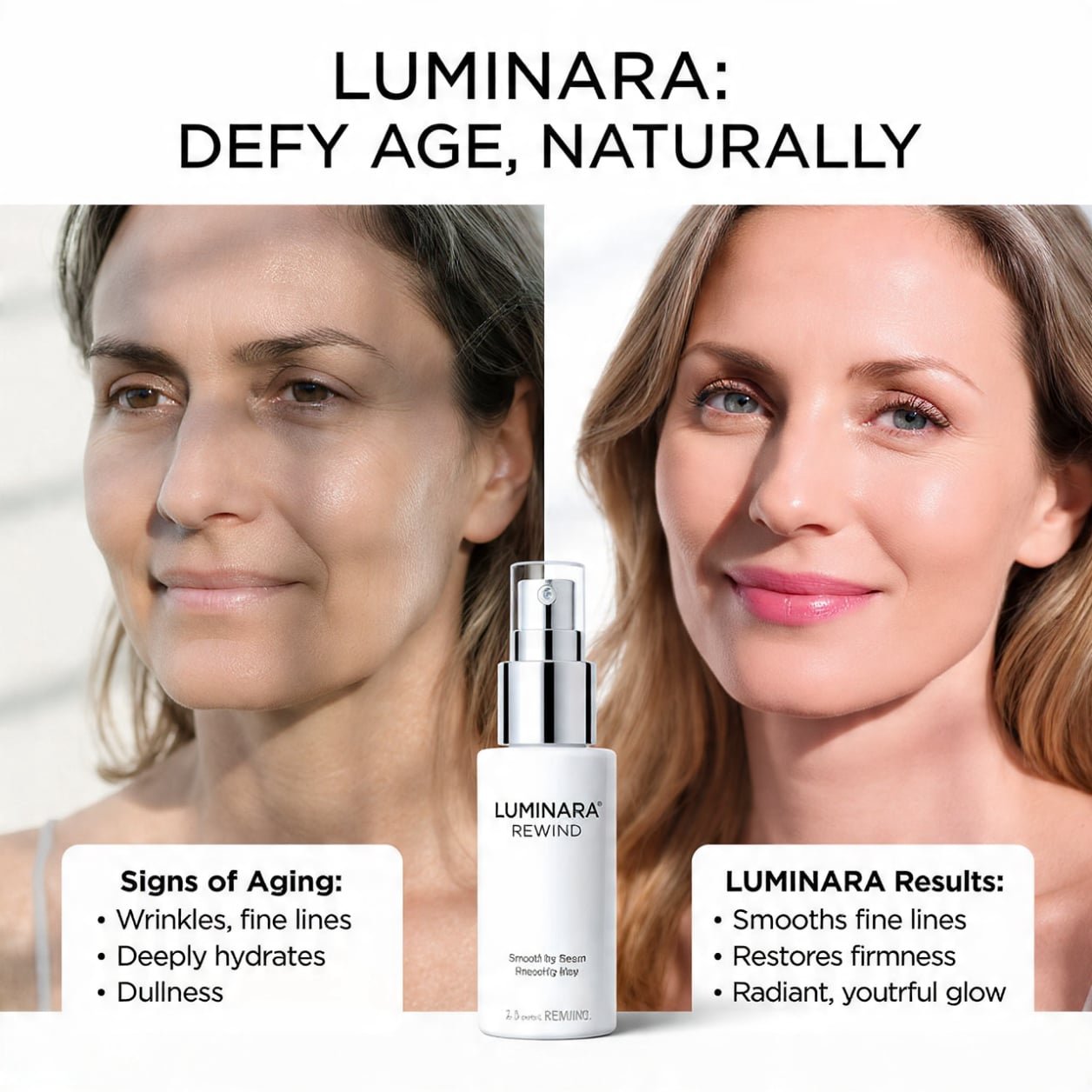 Luminara before and after showing visible improvement in wrinkles, firmness, and skin glow.