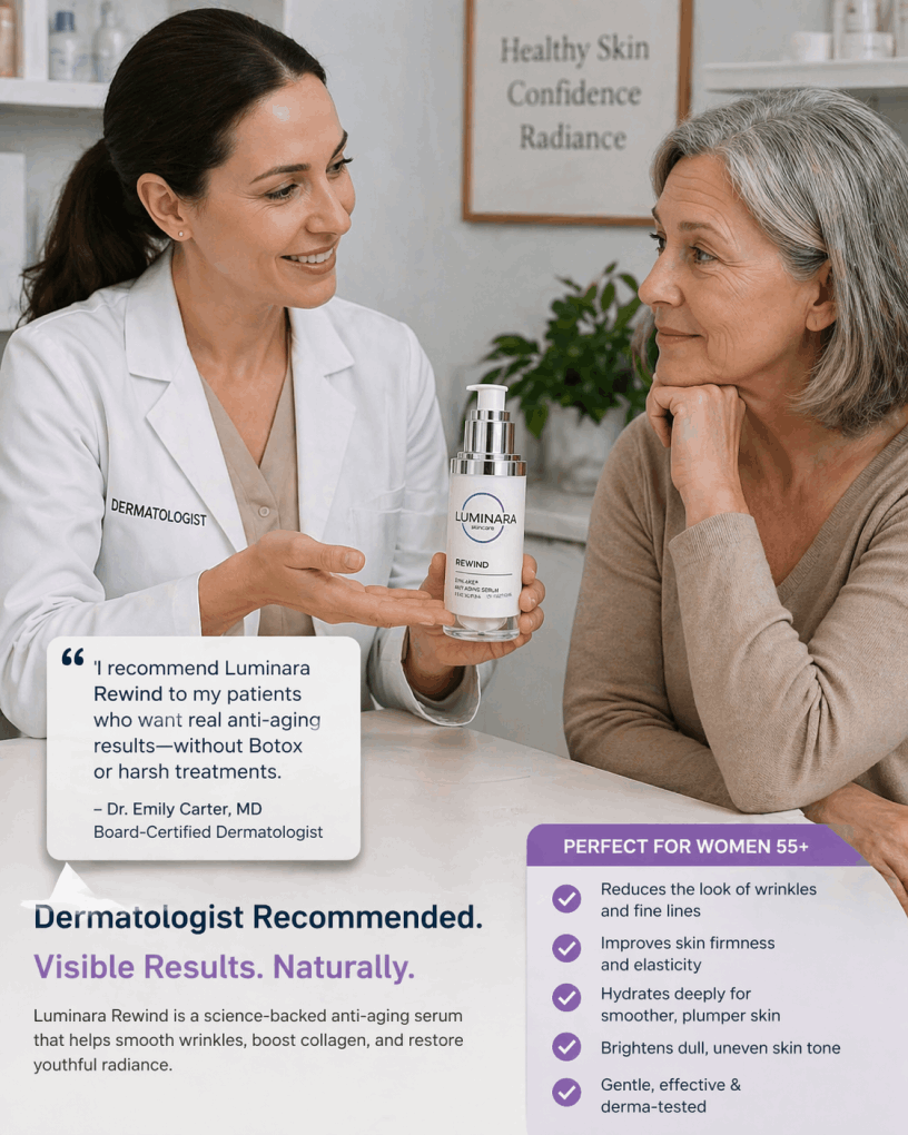 Dermatologist recommends Luminara Rewind for reducing wrinkles and improving skin firmness.